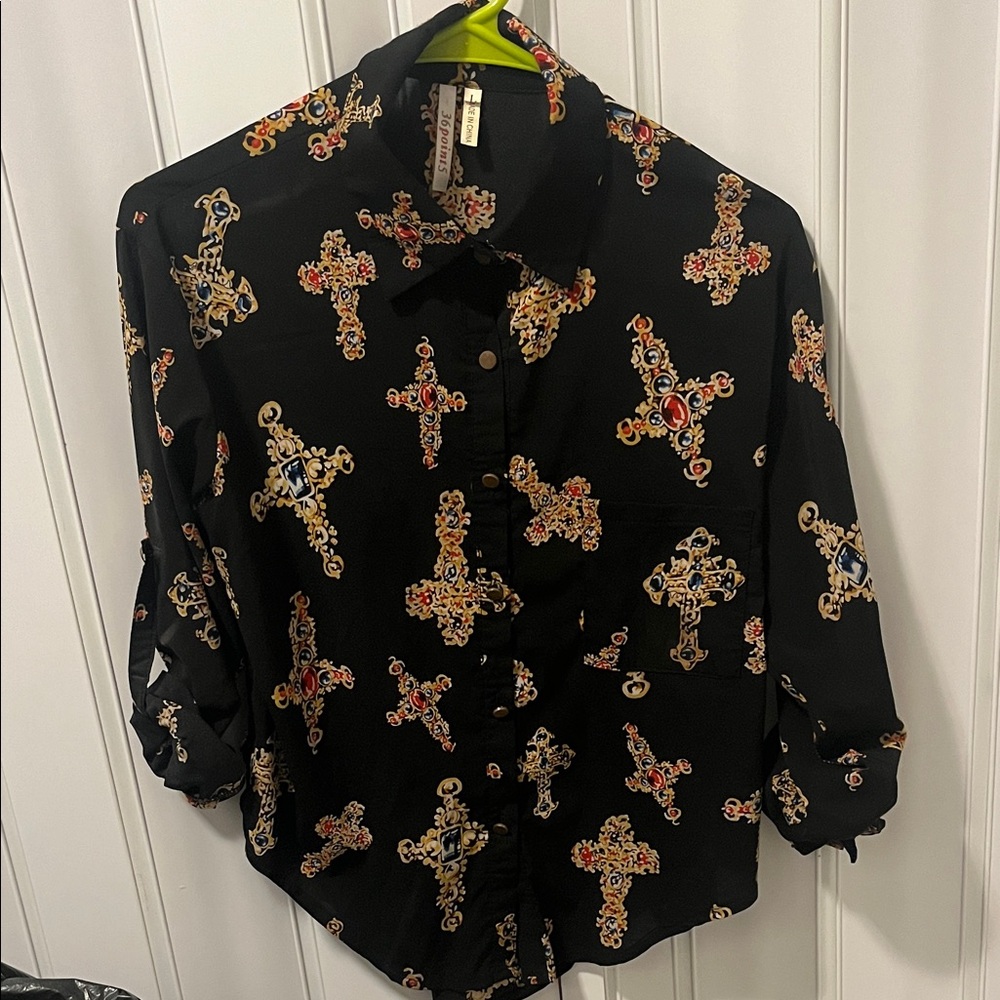36 Point 5 Black Button Down Shirt with Cross Pattern